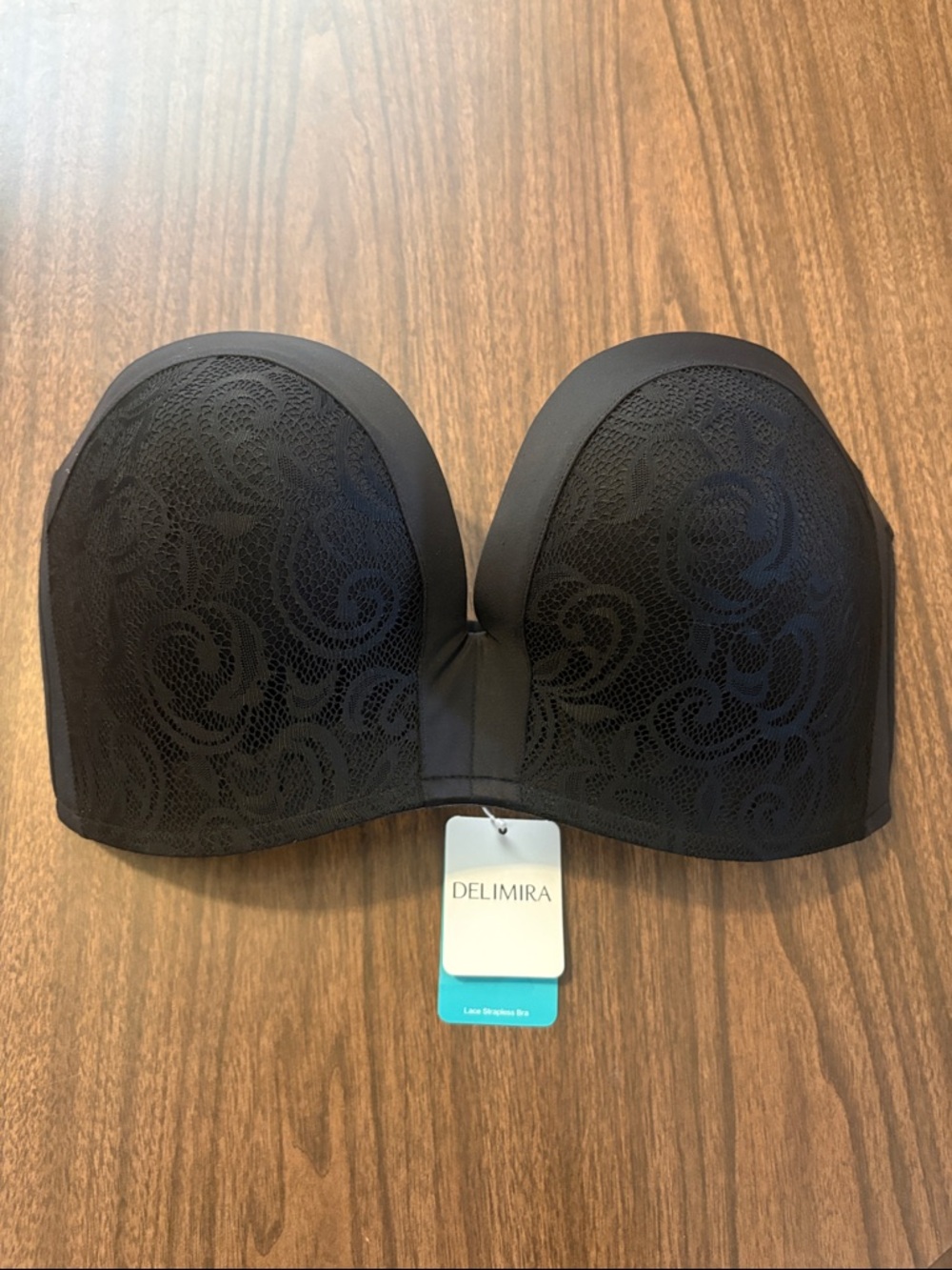 NEW Delimira 40E Strapless Black Lace Push-Up Bra NWT